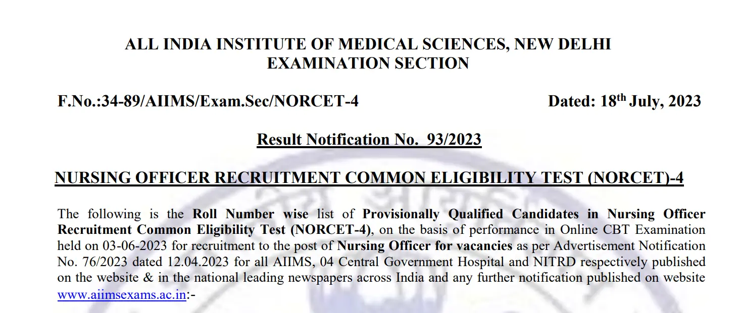 AIIMS NORCET-4 Results